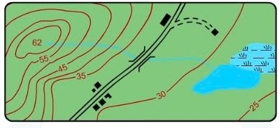 Which statement describes the land between contour lines 30 and 35 A. The land appears-example-1