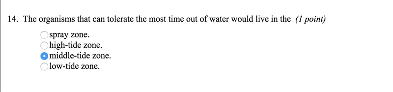 The organisms that can tolerate most time out of the water would live in the-example-1