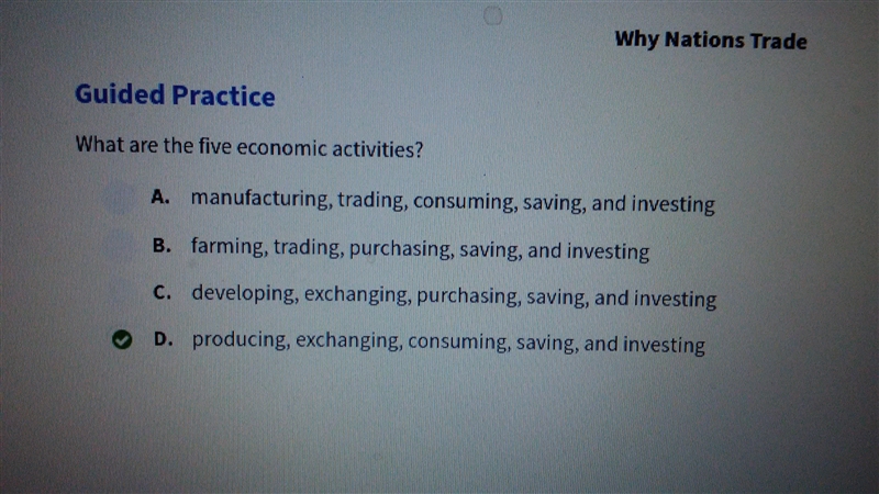 What are the five economic activities? A. farming, trading, purchasing, saving, and-example-1