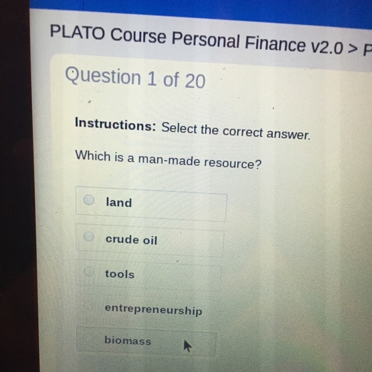 What is a man-made resource A. Land B. Crude oil C. Entrepreneurship D. Biomass-example-1