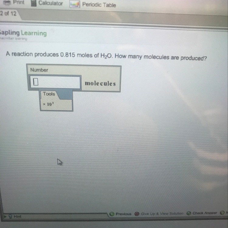 A reaction produces .815 moles of H2O. How many molecules produces?-example-1