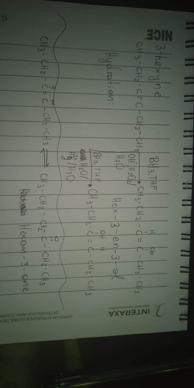 An alkyne of six carbon atoms gives the same single product in its reaction either-example-1