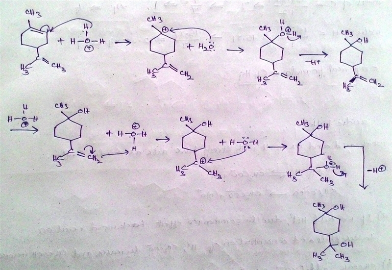 Terpin, prepared commercially by the acid-catalyzed hydration of limonene, is used-example-1