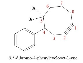 Draw the structure that corresponds with the name: 5,5-dibromo-4-phenylcyclooct-1-yne-example-1