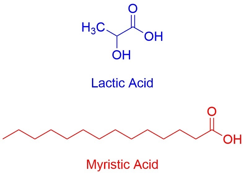 Would you expect lactic acid, ch3ch(oh)co2h ( in sour milk) or myristic acid, ch3(ch-example-1