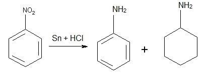 Aniline is produced by the hydrogenation of nitrobenzene. a small amount of cyclo-example-1