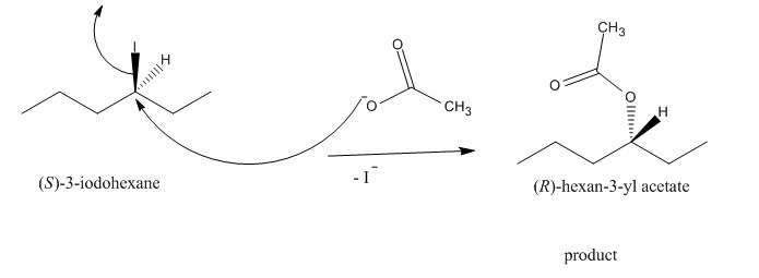 Draw the product you expect from the reaction of (s)-3-iodohexane with ch3co2-. be-example-1