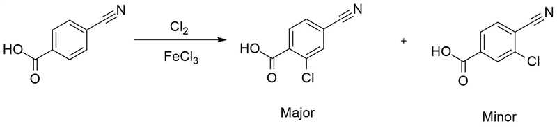 Draw the major product(s) of electrophilic chlorination of p-cyanobenzoic acid.-example-1