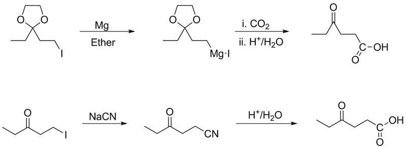 Which method would you use to perform these reactions, grignard carboxylation or nitrile-example-1