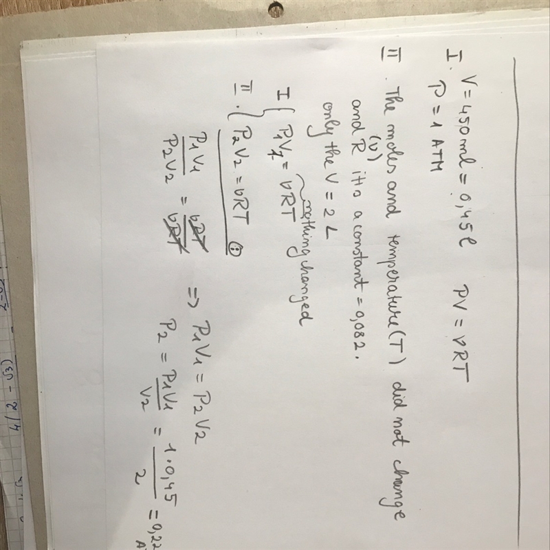 The volume of a gas is 450ml when it’s pressure is 1.00ATM. If the temperature of-example-1