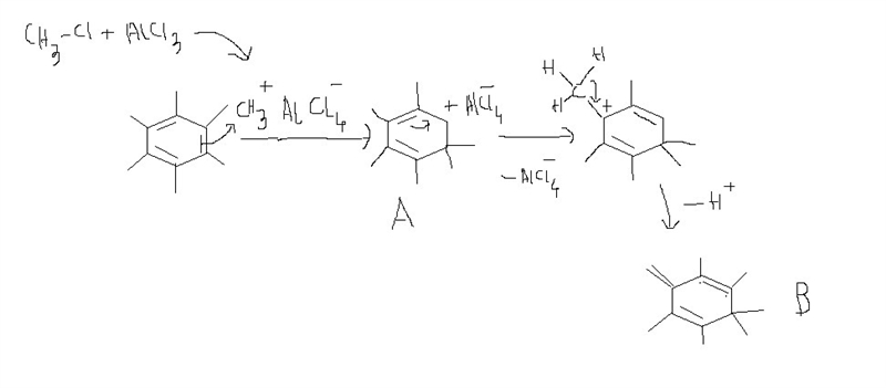 Reaction of hexamethylbenzene with methyl chloride and aluminum chloride gave a salt-example-1