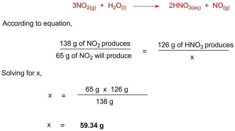 If 65.0 g of nitrogen dioxide is reacted with excess water, calculate the theoretical-example-1