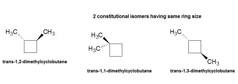 Draw two cyclic constitutional isomers of trans-1,2-dimethylcyclobutane with the same-example-1