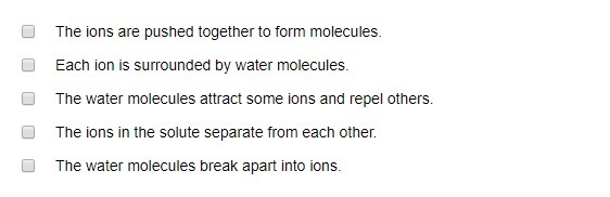 Which actions are part of the dissolution process of an ionic solute in water? (more-example-1