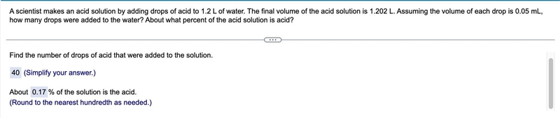 A scientist makes an acid solution by adding drops of acid to 1.2 l of water. the-example-1