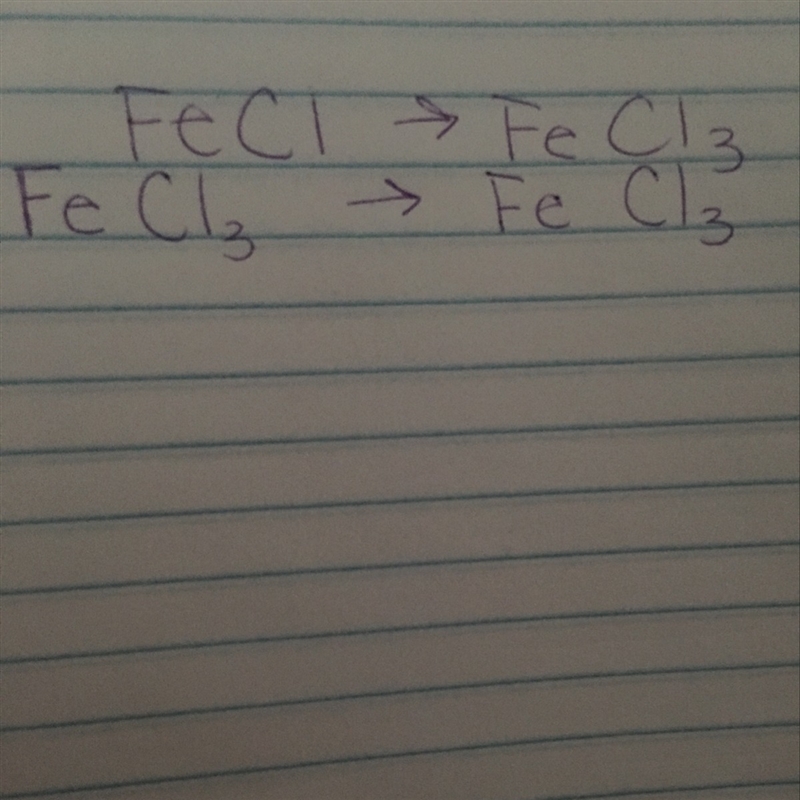 Iron and chlorine produce iron tri-chloride(FeCl3).What is the balance equation-example-1