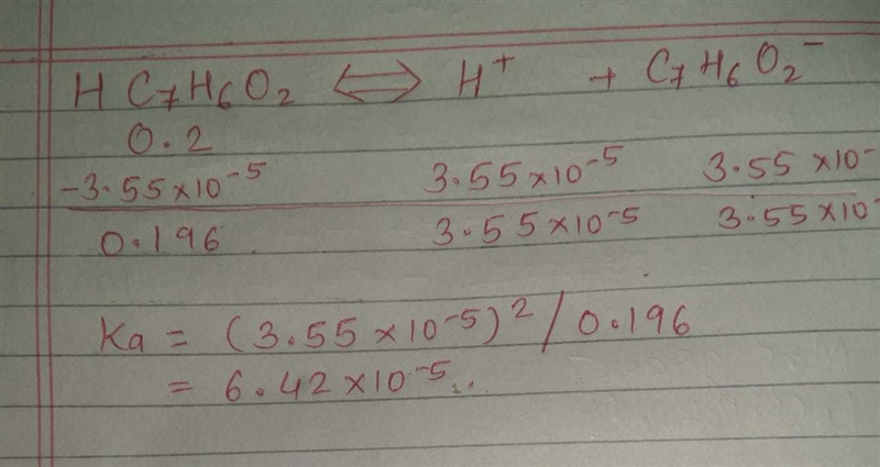 In an exactly.200M solution of benzoic acid, a monoprotic acid, the [H+] = 3.55 × 10–3M-example-1