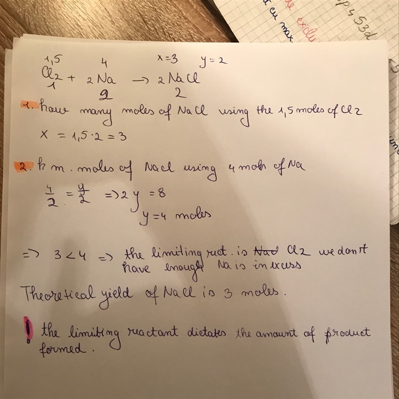 Cl2 + 2na → 2nacl 1.5 moles of cl2 and 4.0 moles of na are combined and allowed to-example-1