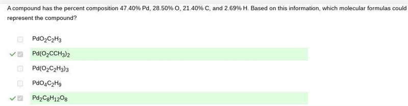 Compound has the percent composition 47.40% Pd, 28.50% O, 21.40% C, and 2.69% H. Based-example-1