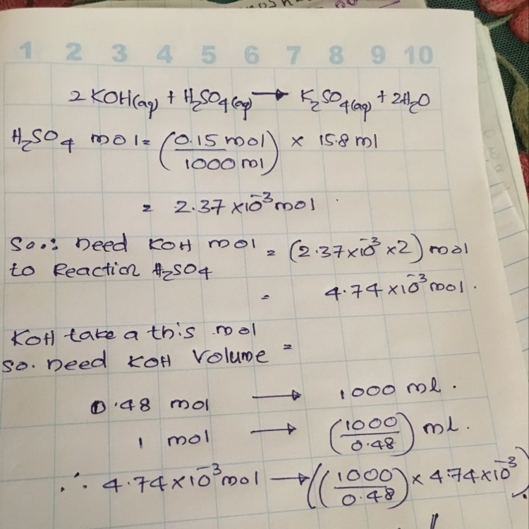 What volume of 0.480 m koh is needed to react completely with 15.8 ml of 0.150 m h-example-1