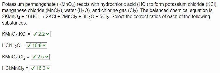 Potassium permanganate (KMnO4) reacts with hydrochloric acid (HCl) to form potassium-example-1