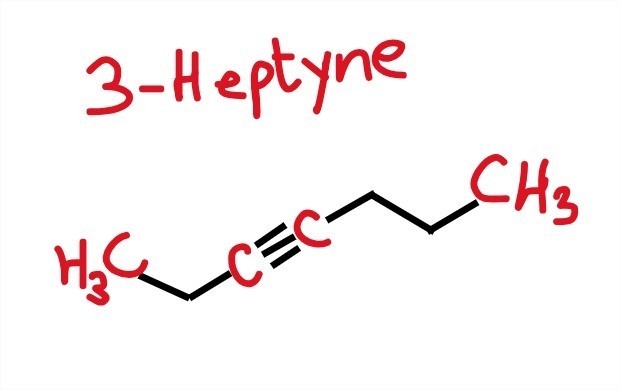 On a piece of paper, draw the structure of 3-heptyne. now describe the structure you-example-1