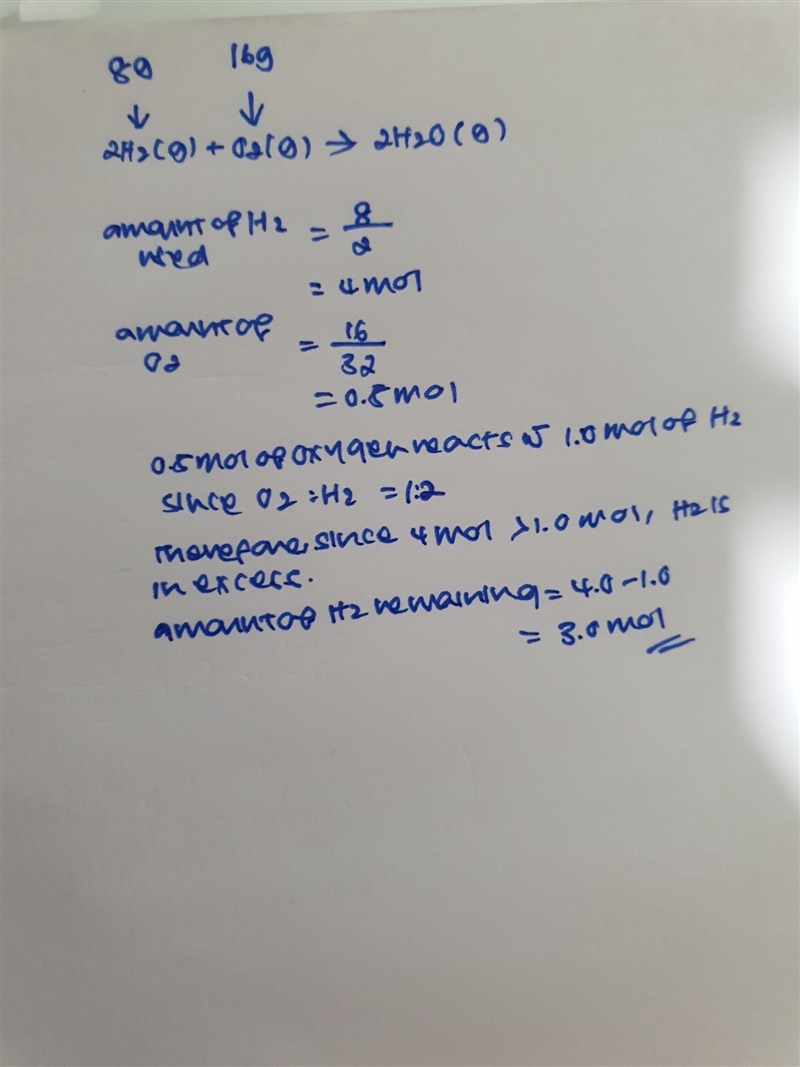 In the chemical reaction: 2 h 2 (g) o2 (g) → 2 h2o (g), with 8 grams of h 2 (2 grams-example-1