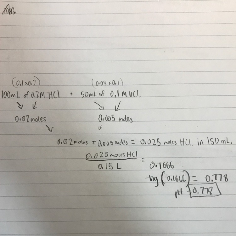 What is the ph of a solution made by mixing 100.00 ml of 0.20 m hcl with 50.00 ml-example-1