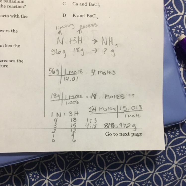 Identify the limiting and excess reagents when 56g of nitrogen reacts with 18g of-example-1