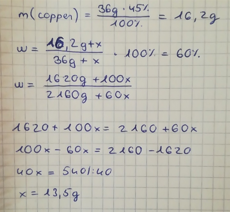 36g of an alloy of copper and zinc contains 45% copper. how much pure copper do you-example-1