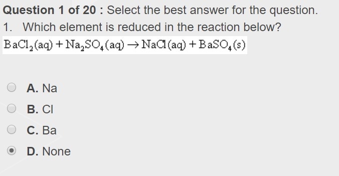 Which element is reduced in the reaction below? A. Na B. CI C. Ba D. None-example-1