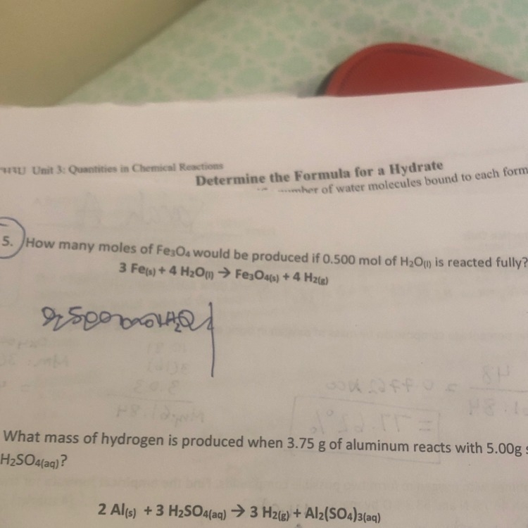 How many moles of Fe3O4 would be produced if 0.500 mol of H2O is reacted fully?-example-1