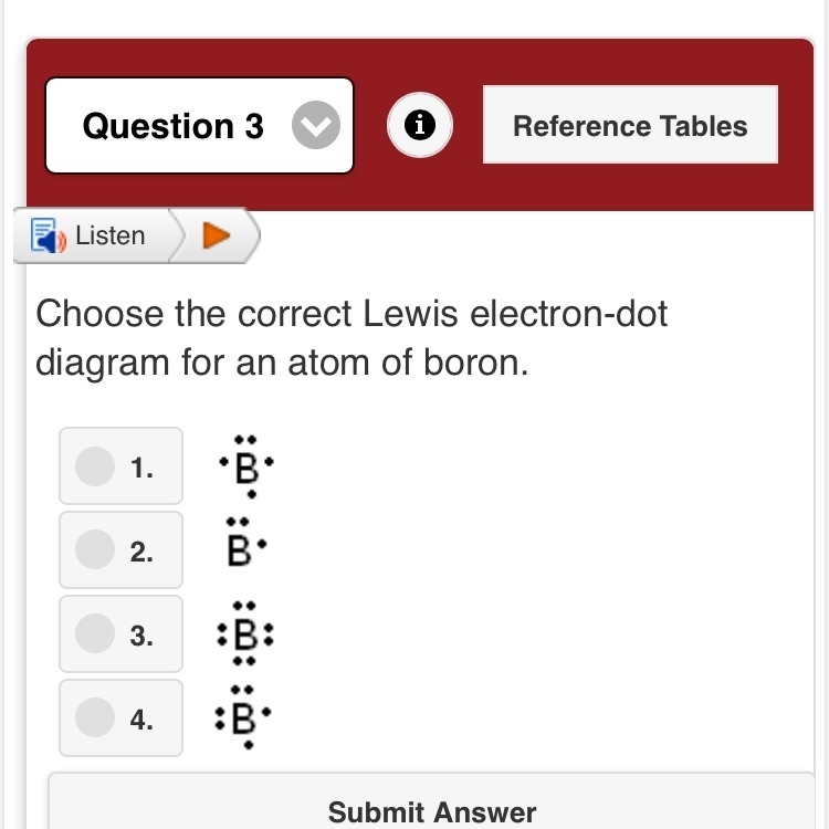 Choose the write Lewis electron dot diagram for an atom of boron-example-1