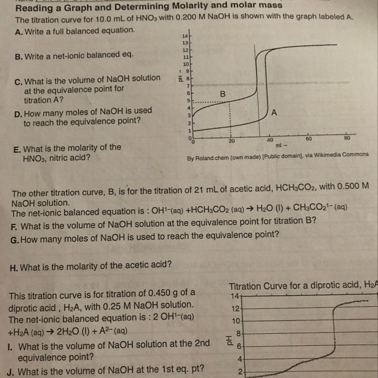 Write a full balanced equation for titration curve for 10 mL of HNO3 with .200 M NaOH-example-1