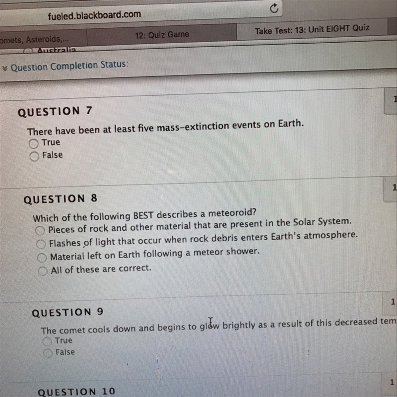 Which of the following BEST describes a meteoroid? (Question 8 in image)-example-1