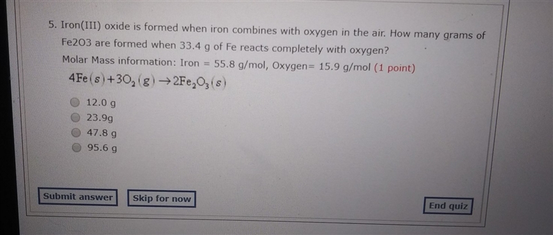 iron oxide is formed when iron combines with oxygen and air how many grams of Fe2O-example-1