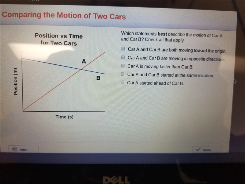 I need help! Which statements best describe the motion of car A and car B?-example-1