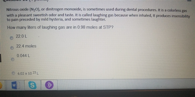 How many liters of laughing gas are in 0.98 moles stp-example-1