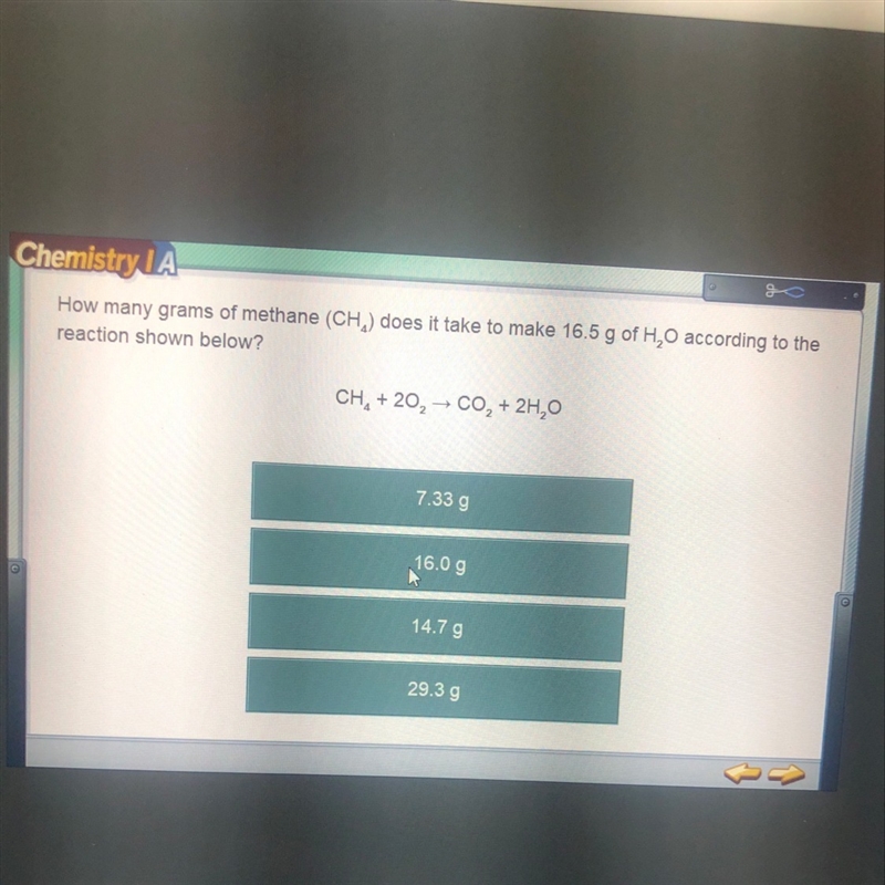 How many grams of methane (CH4) does it take to make 16.5g of H2O according to the-example-1