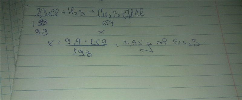 How many grams of Cu2S could be produced from 9.90 g of CuCl with an excess of H2S-example-1