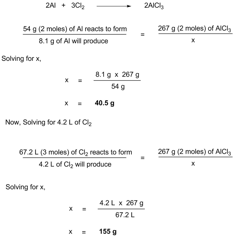 What mass of aluminum chloride could be made from 8.1 g of aluminum and 4.2 L of chlorine-example-1