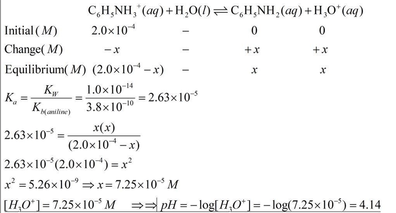 A) Calculate the pH of a 2.0x10-4 M solution of aniline hydrochoride, C6H5NH3Cl.-example-1