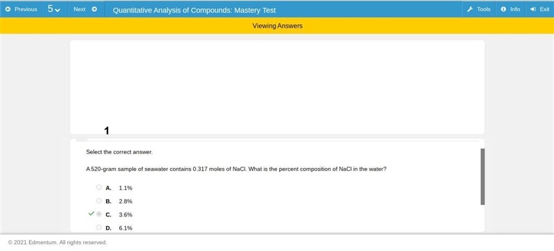 A 520-gram sample of seawater contains 0.317 moles of NaCl. What is the percent composition-example-1