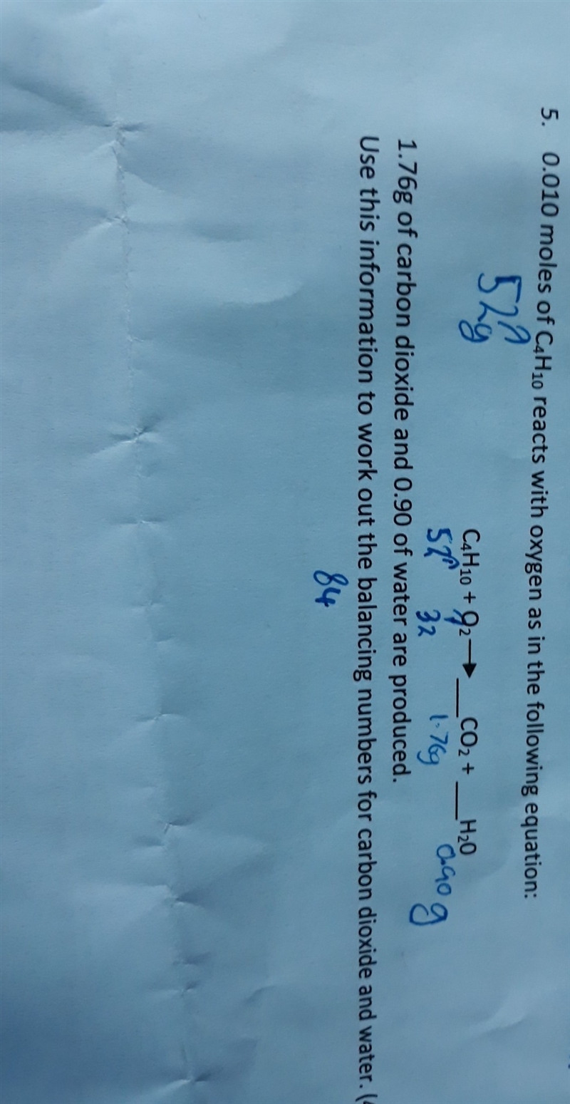 0.010 moles of carbon C4H10 reacts with oxygon as in the queation 1.76g of carbon-example-1