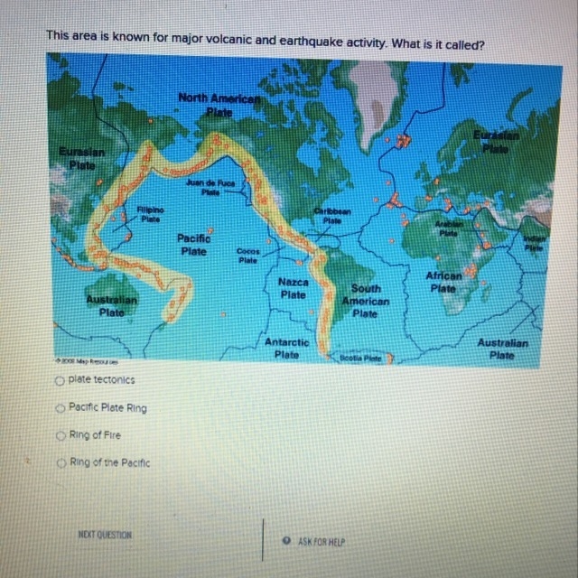 This area is known for major volcanic an earthquake activity. What is it called?-example-1