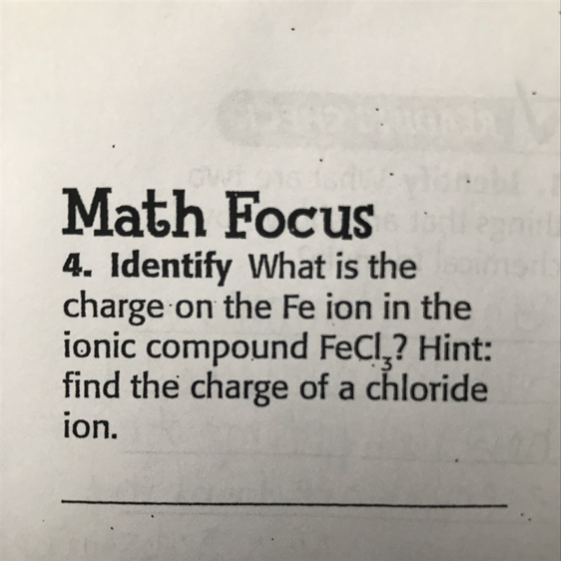 What is the charge on the Fe ion in the ionic compound FeCl? Hint:find the charge-example-1