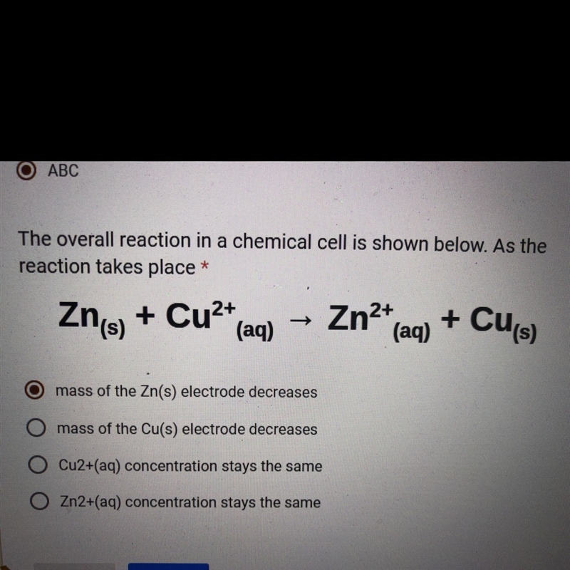 The overall reaction in a chemical cell is shown below as the reaction takes place-example-1