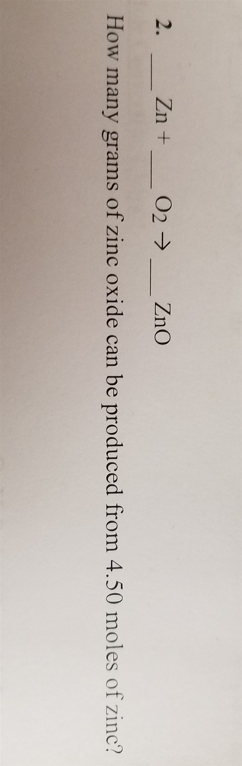 How many grams of zinc oxide can be produced from 4.50 moles of zinc-example-1