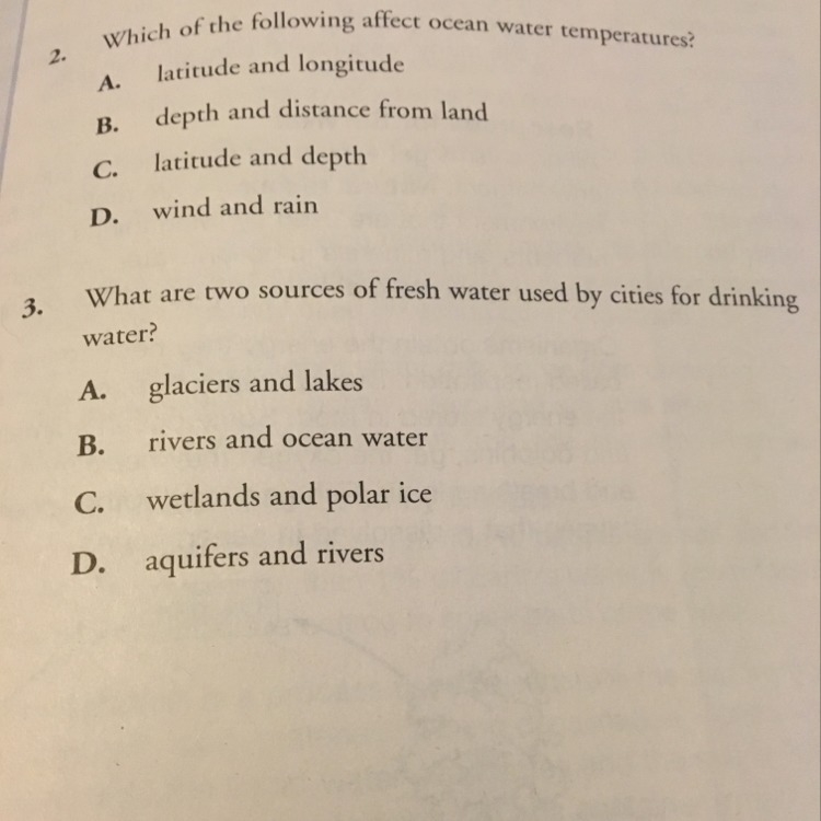 Which of the following affect ocean water temperature ? What are two sources of fresh-example-1