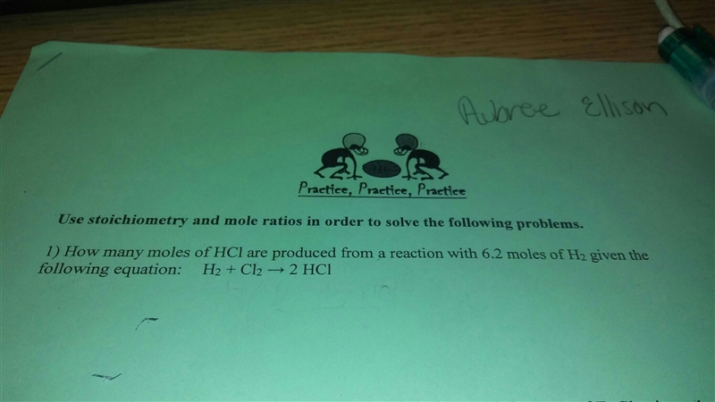 How many moles of hcl are produced from a reaction with 6.2 moles of h2 given the-example-1